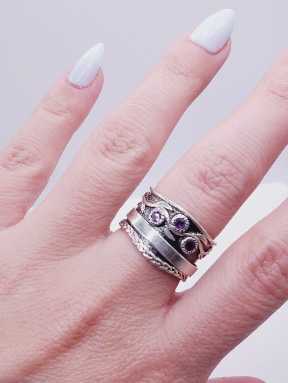 Genuine Amethyst 925 Sterling Silver Fidget Spinner Braided Band Leaf Ring - Picture 4 of 11
